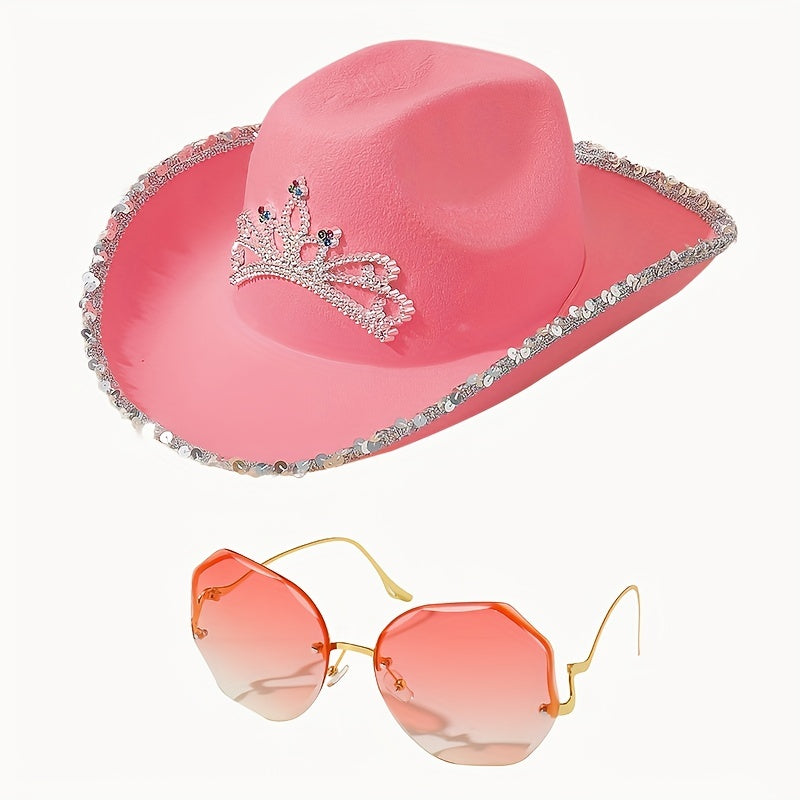 Y2K Cowgirl Hat Glasses Set Crown Fedora Cap