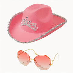 Y2K Cowgirl Hat Glasses Set Crown Fedora Cap