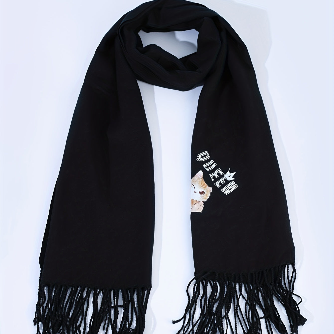 Cartoon Cat Decor Fringe Trim Scarf Casual Shawl Wrap Head Wrap