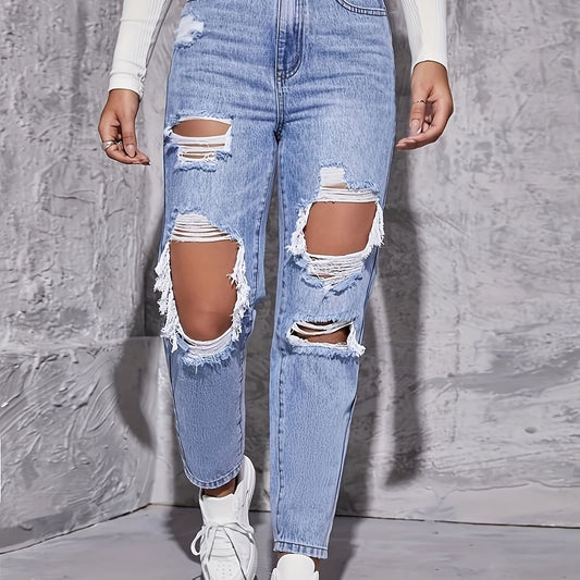 High Waist Distressed Denim Pants Women's Jeans