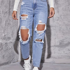 High Waist Distressed Denim Pants Women's Jeans