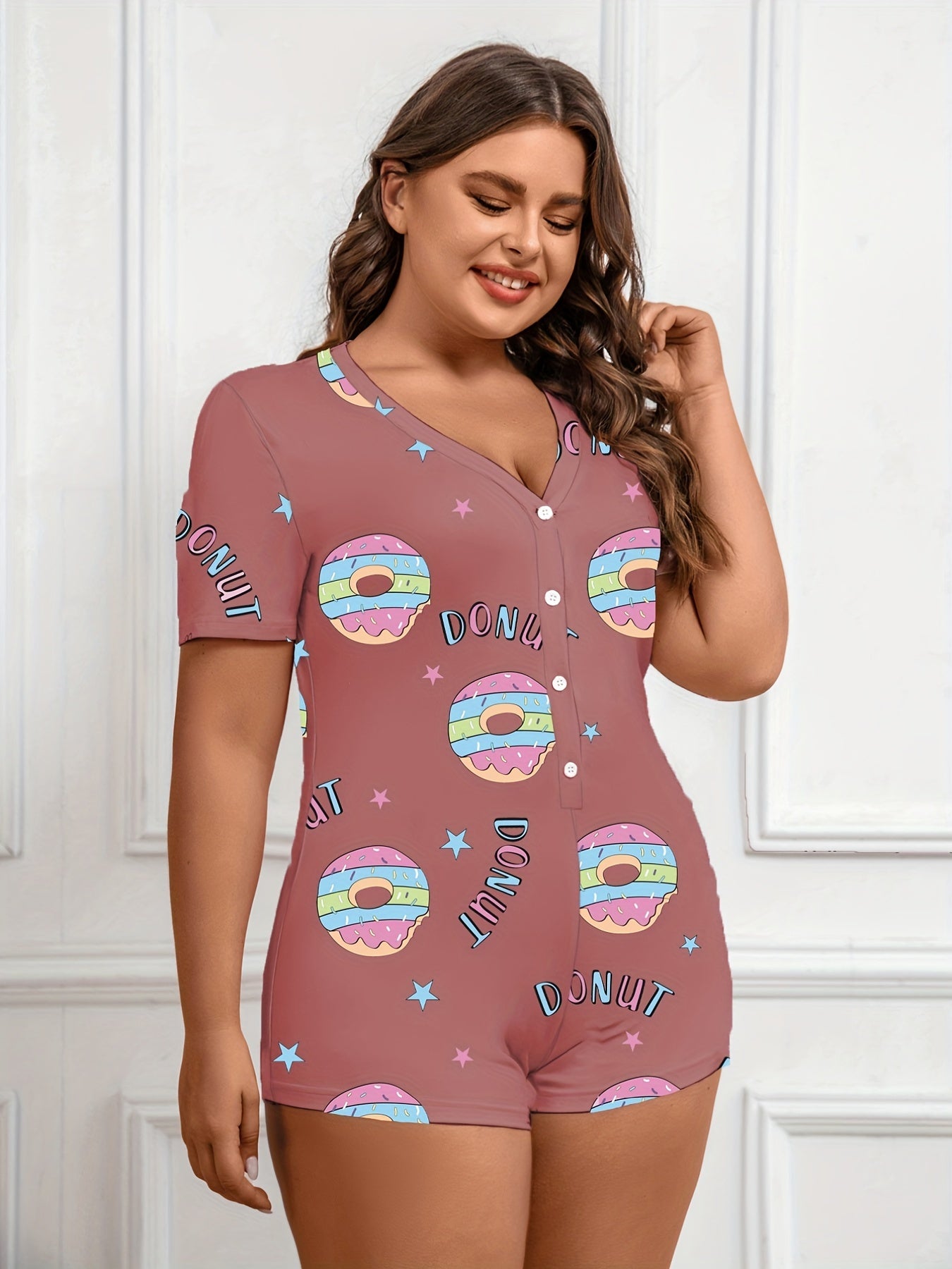 Donut & Letter Print Pajama Romper Short Sleeve V Neck Loungewear