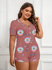 Donut & Letter Print Pajama Romper Short Sleeve V Neck Loungewear