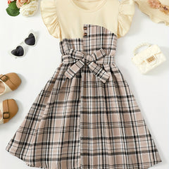 Toddler Girls Ruffle Trim Plaid Button Casual Belted Spliced Dress