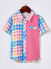 Boys Plaid Lapel Shirt Short Sleeve Button Up Top