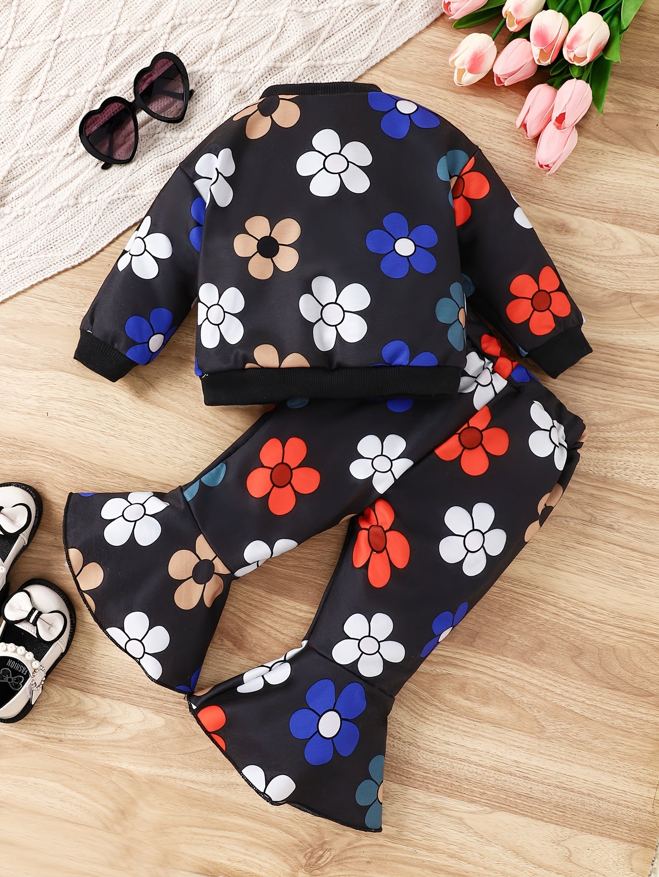 Baby Girls 2pcs Flower Graphic Ribbed Top Flared Pants Set