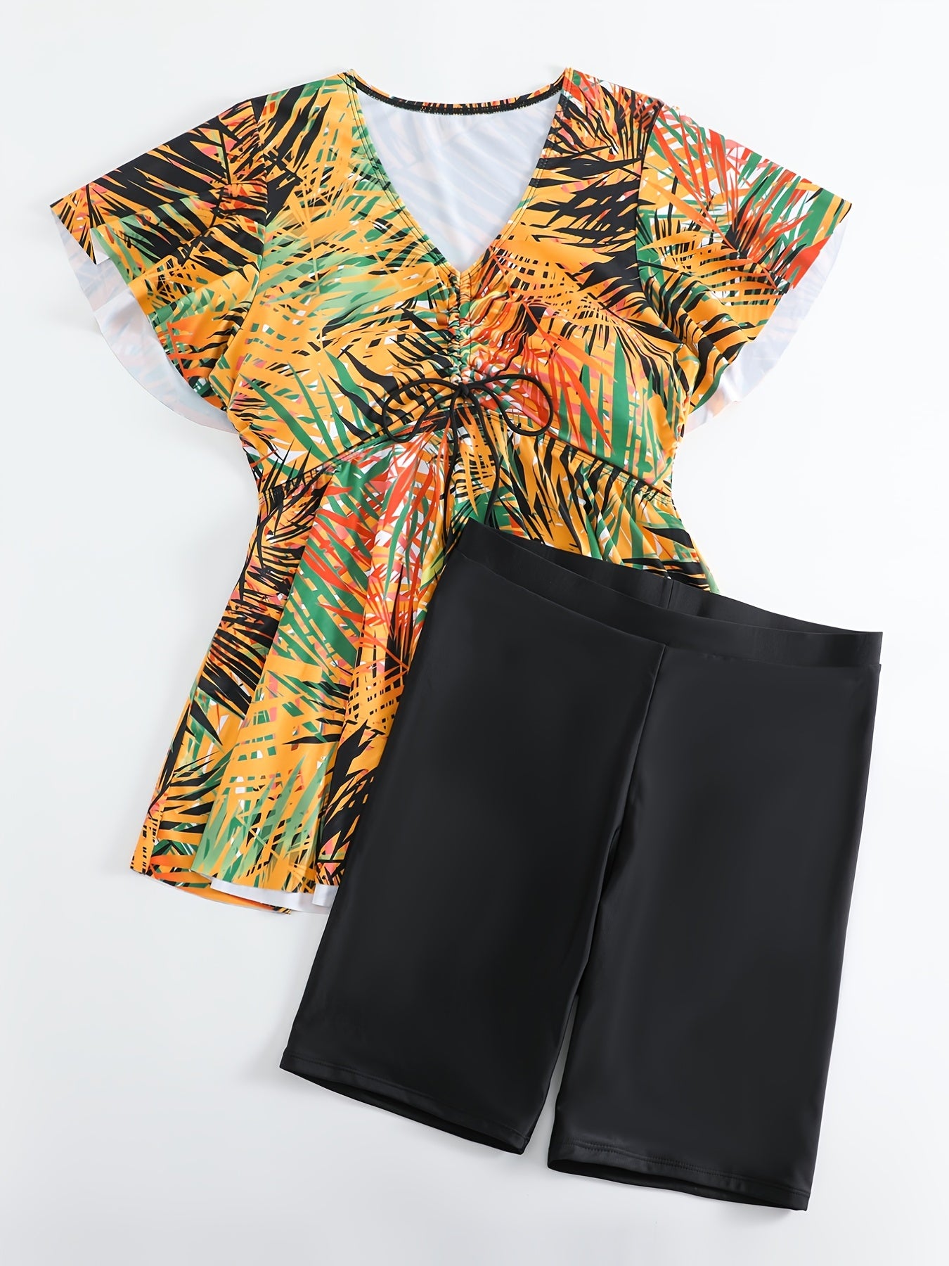 Vacay Tankini Set Women's Plus Tropical Print Short Sleeve V Neck Draw