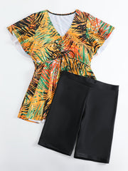 Vacay Tankini Set Women's Plus Tropical Print Short Sleeve V Neck Draw