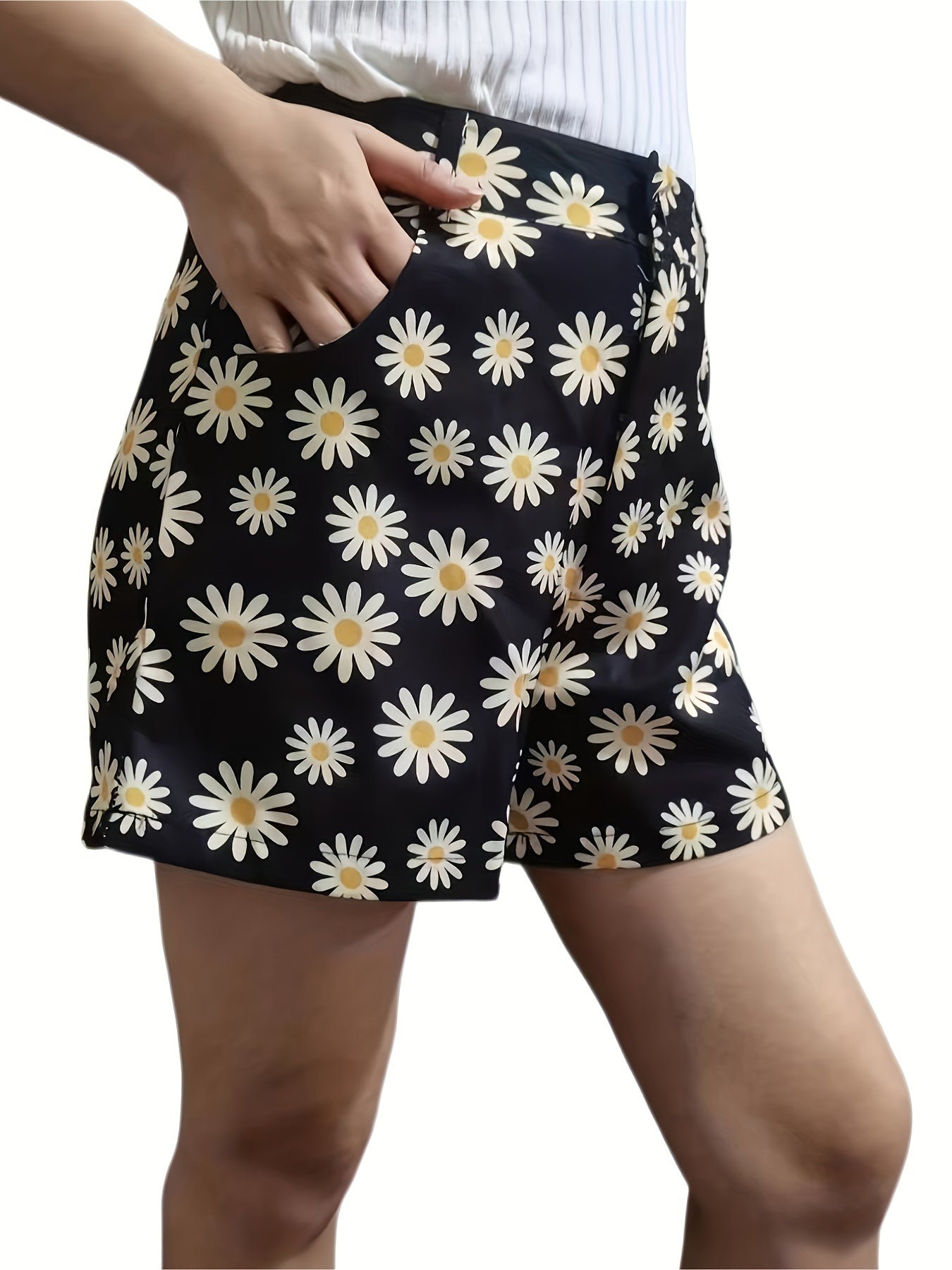 Daisy Print High Waist Shorts Casual Women's Clothing