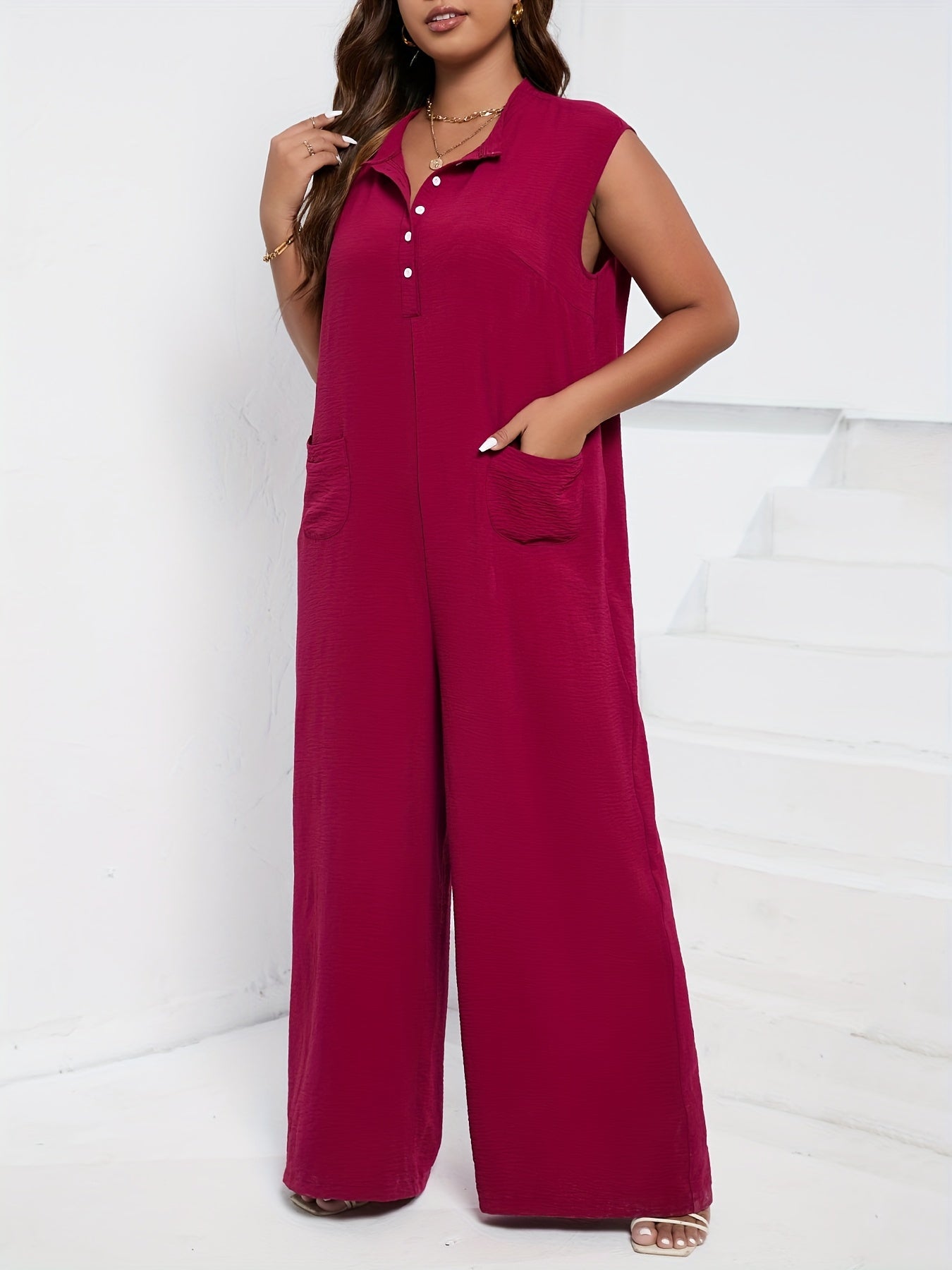 Button Up Mock Neck Wide Leg Jumpsuit