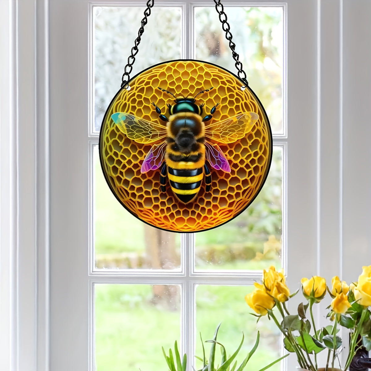 Bee Suncatcher Stained Glass Window Hanging for Home Decor
