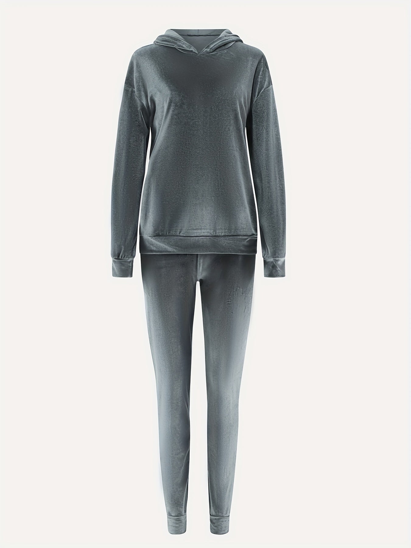Solid Casual 2pc Set Hooded Tops & Slim Pants Outfits Women's Clothing