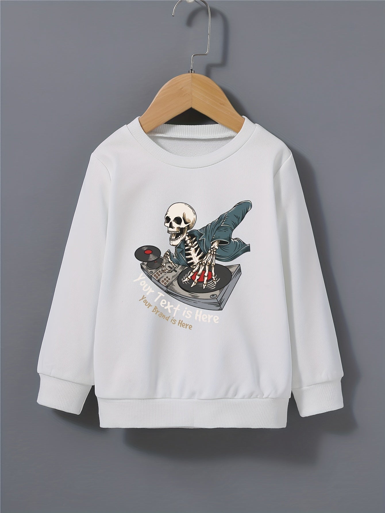 Cartoon DJ Skeleton Print Kid's Sweatshirt Halloween Style Long Sleeve Top