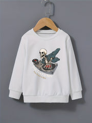 Cartoon DJ Skeleton Print Kid's Sweatshirt Halloween Style Long Sleeve Top