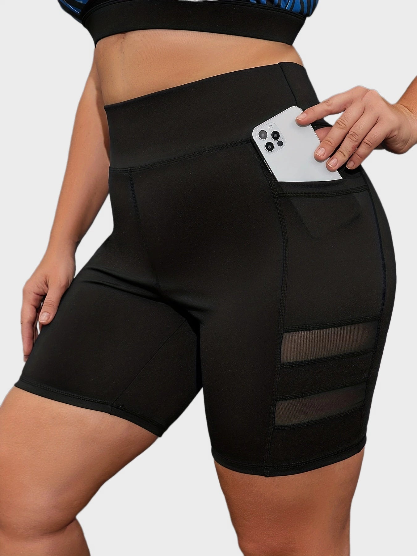 High Rise Mesh Contrast Sports Shorts with Pockets