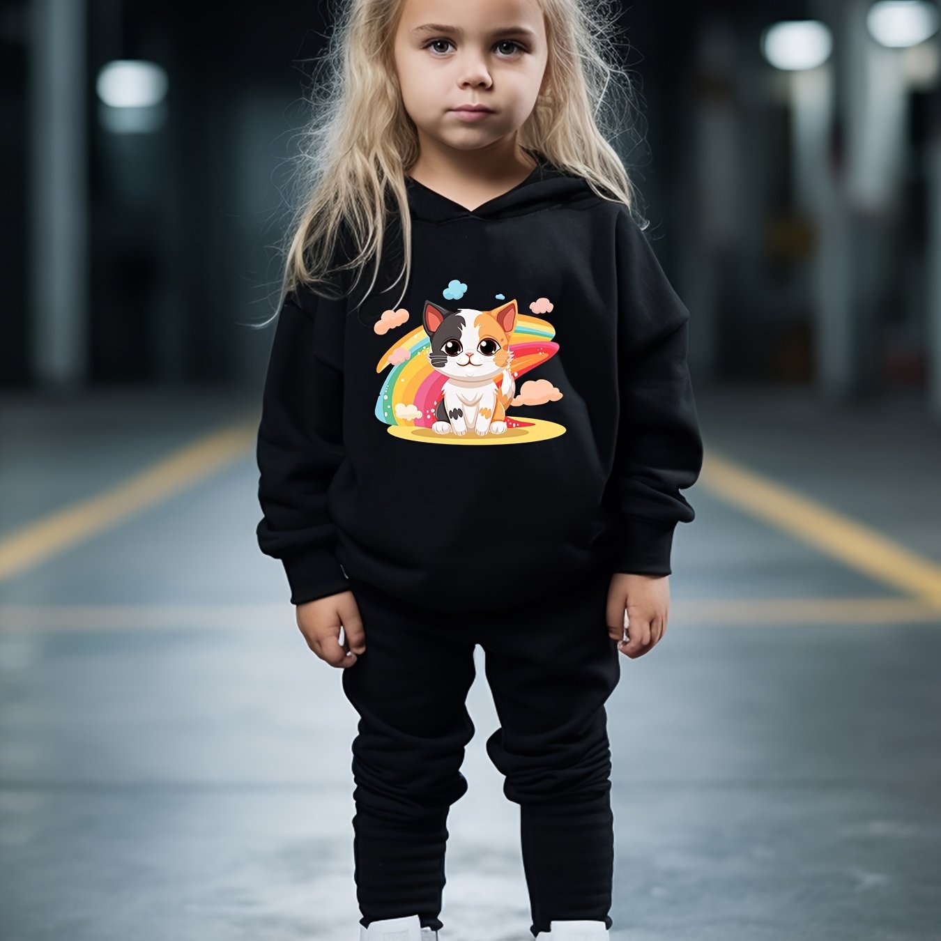 Rainbow Kitty Print Hoodies Pants Set For Kids
