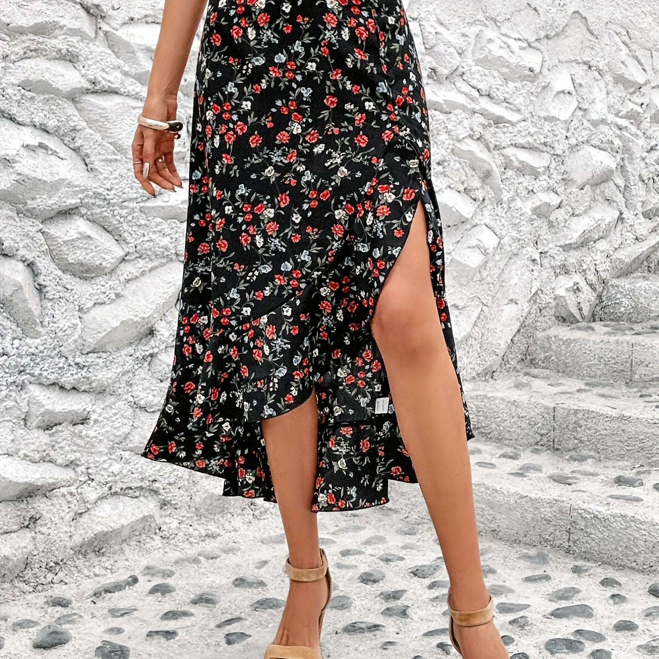 Floral Split Thigh Ruffle Trim Skirt High Waist Women's Clothing