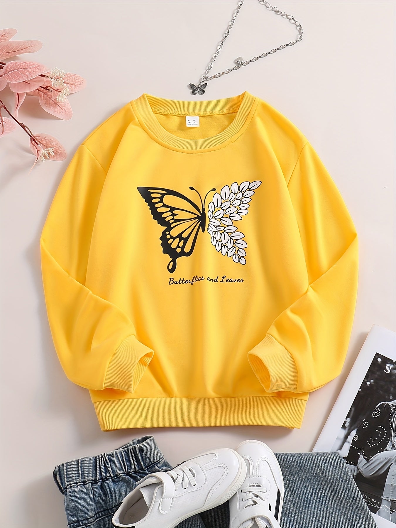 Girls Butterfly & Leaves Crew Neck Sweatshirts For Sports Casual Outfit