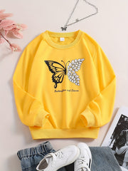 Girls Butterfly & Leaves Crew Neck Sweatshirts For Sports Casual Outfit