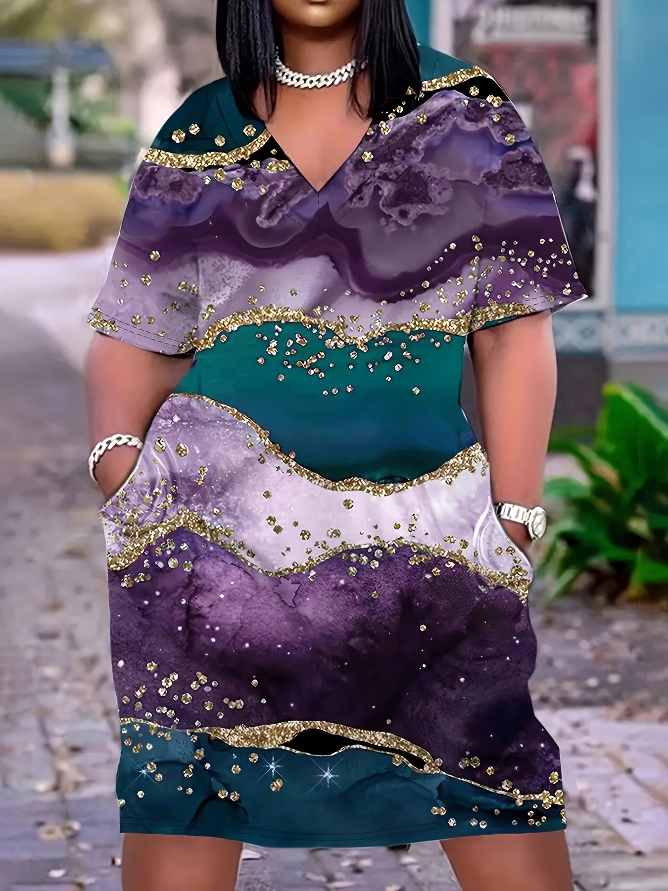 Marble Print Short Sleeve Midi Dress With Pockets