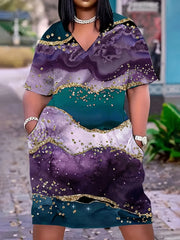 Marble Print Short Sleeve Midi Dress With Pockets