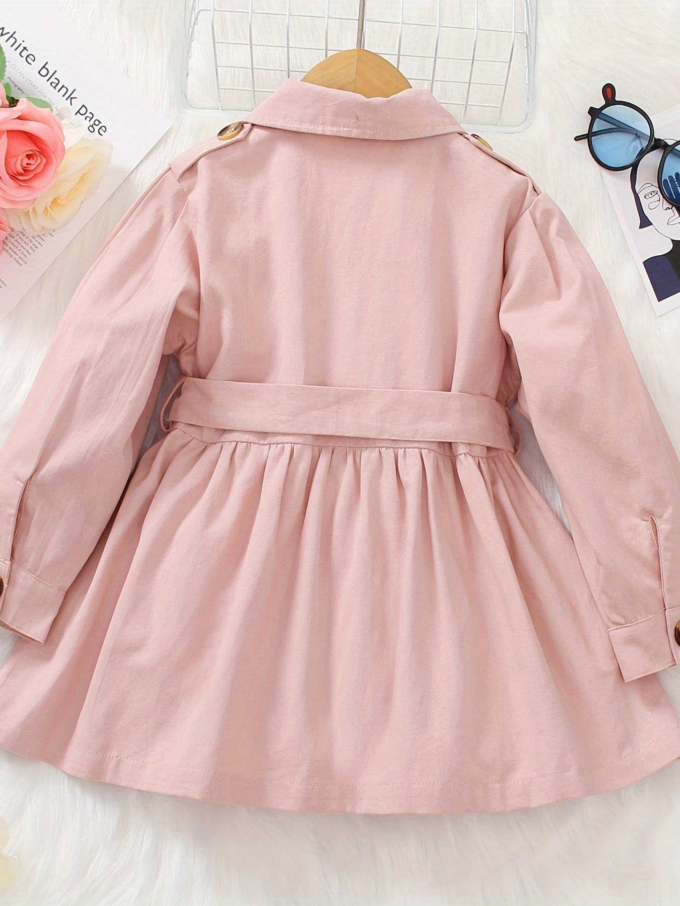 Toddler Girl Lapel Collar Belted Pink Trench Coat Casual Button Windbreaker