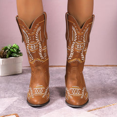 Women's Chunky Western Boots Embroidered Slip On Cowgirl Shoes