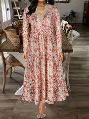 Boho Dress Women's Plus Contrast Guipure Lace Floral Print Long Sleeve Dress