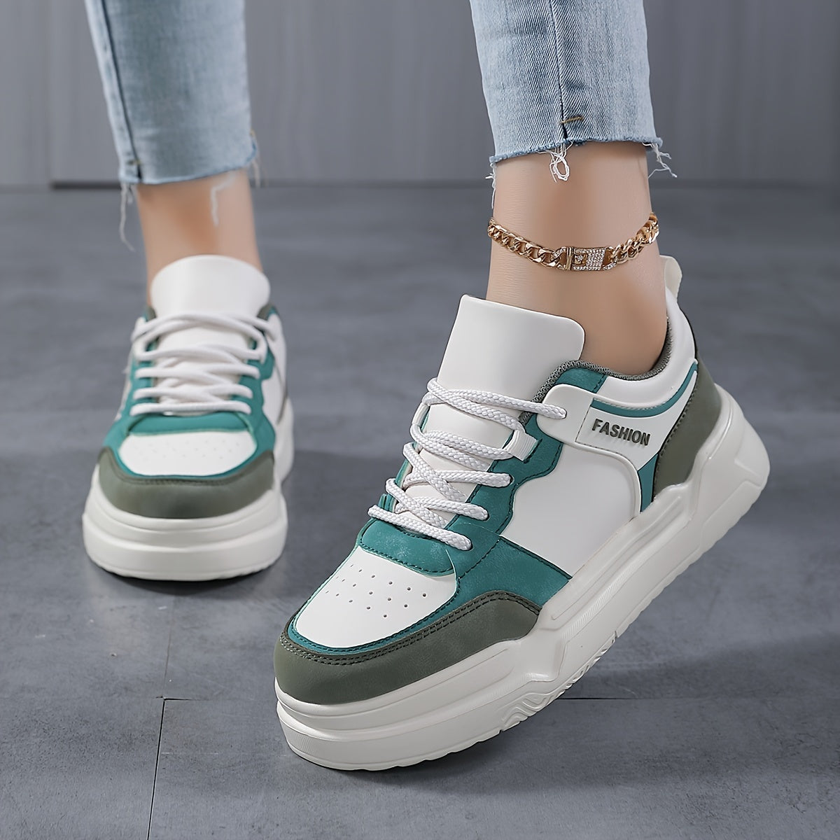 Women's Block Faux Leather Chunky Sneakers for Outdoor Sports