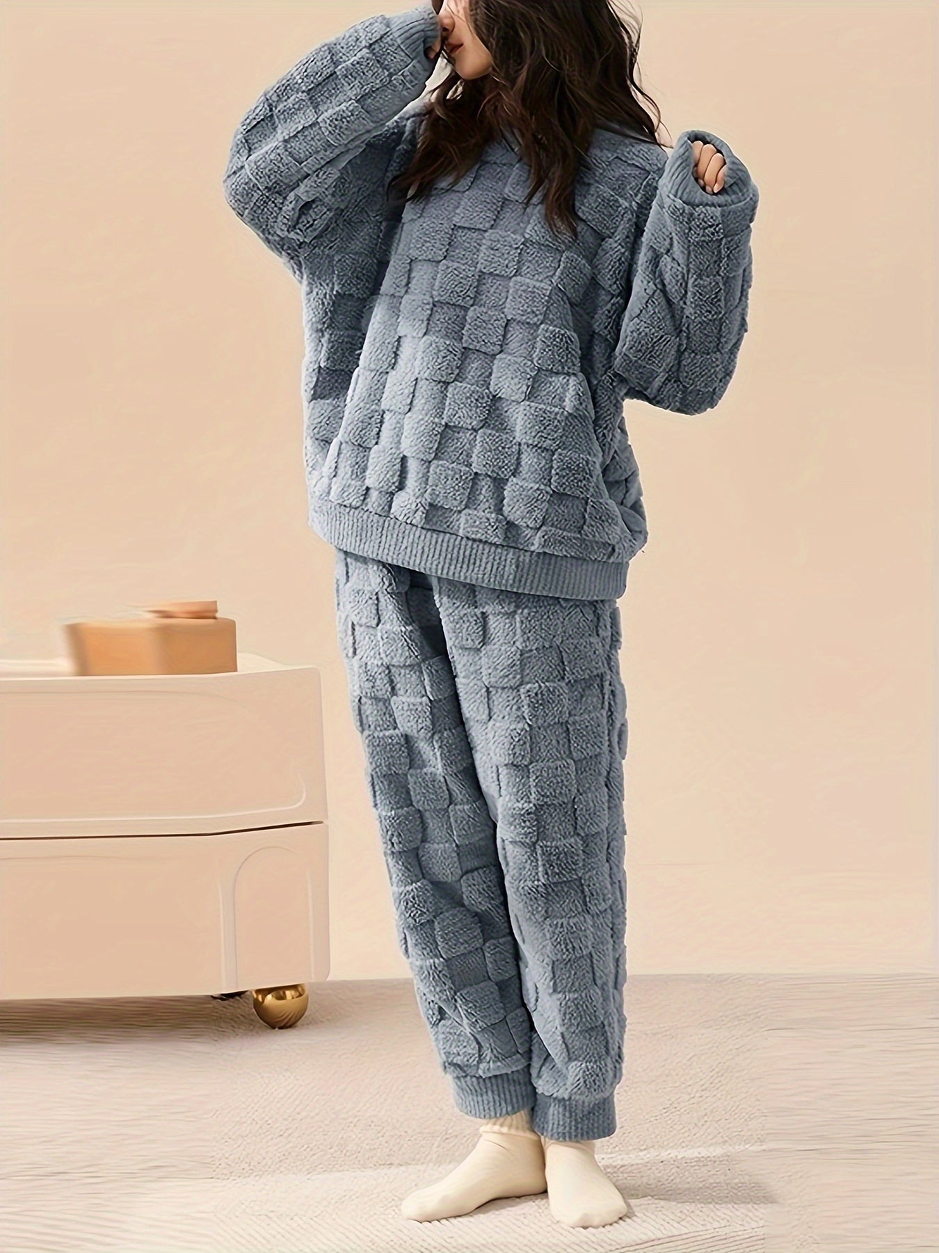 Plaid Fuzzy Pajama Set Long Sleeve Crew Neck Top & Elastic Waistband Pants