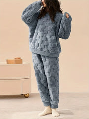 Plaid Fuzzy Pajama Set Long Sleeve Crew Neck Top & Elastic Waistband Pants