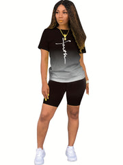 Faith Print Ombre Two-piece Set Short Sleeve Tops & Shorts