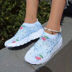 Floral Print Slip On Sock Shoes with Rhinestones