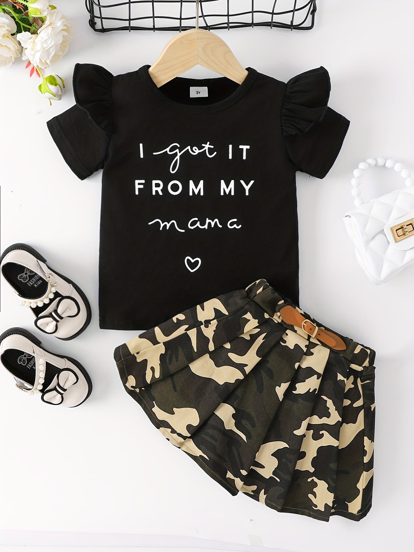 Girls T Shirt & Plaid Skirt Set Ruffles Short Sleeves I GOT IT FROM MY MAMA