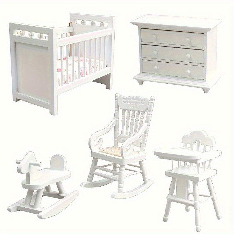 1:12 Scale Furniture Set Wooden Bed, Horse Rocker & Chair with Cabinet