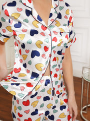 Heart Print Pajama Set Short Sleeve Lapel Top & Elastic Waistband Pants