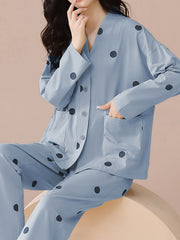 Polka Dot Pajama Set Long Sleeve V Neck Top & Pants Women's Sleepwear