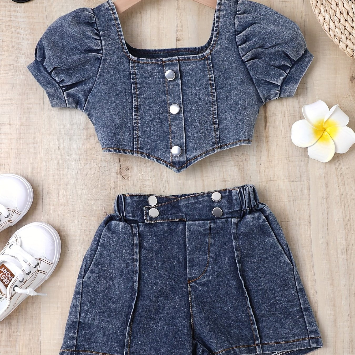 Y2K Denim Cropped Top & Shorts Set for Girls