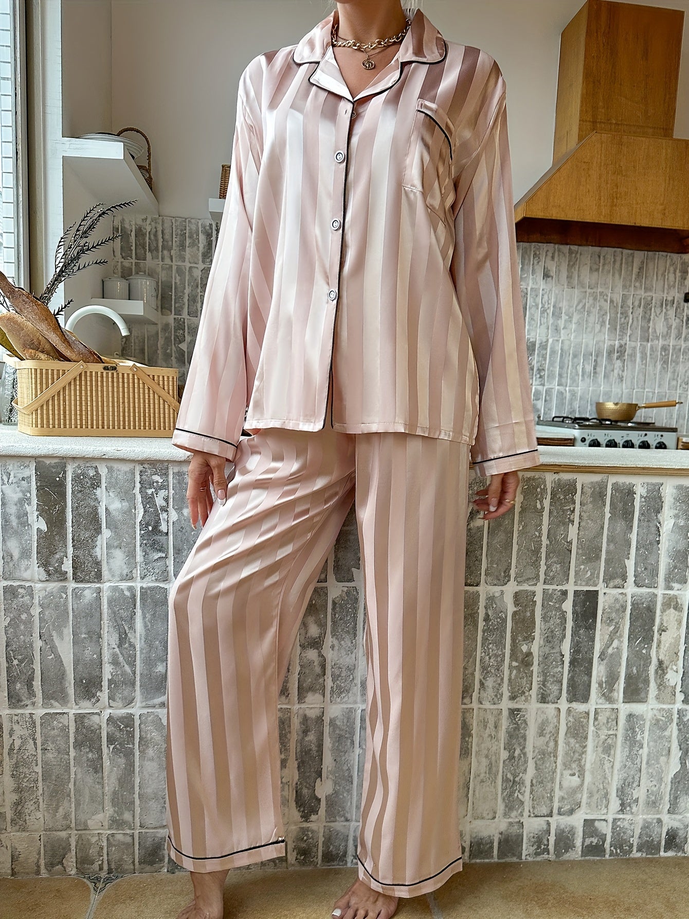 Striped Satin Lounge Set Long Sleeve Top & Pants Women's Loungewear