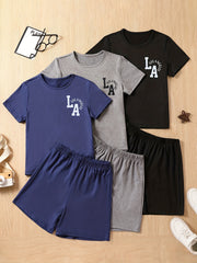 3pcs Boys LOS ANGELES Graphic Print T shirt&Shorts Set