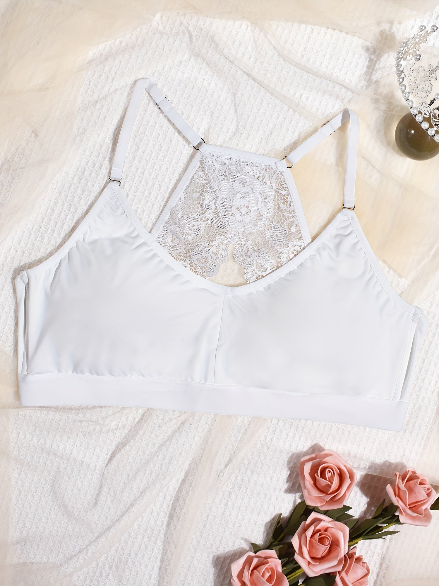 Plus Size Contrast Lace Racer Back Wireless Push Up Soft Bralette
