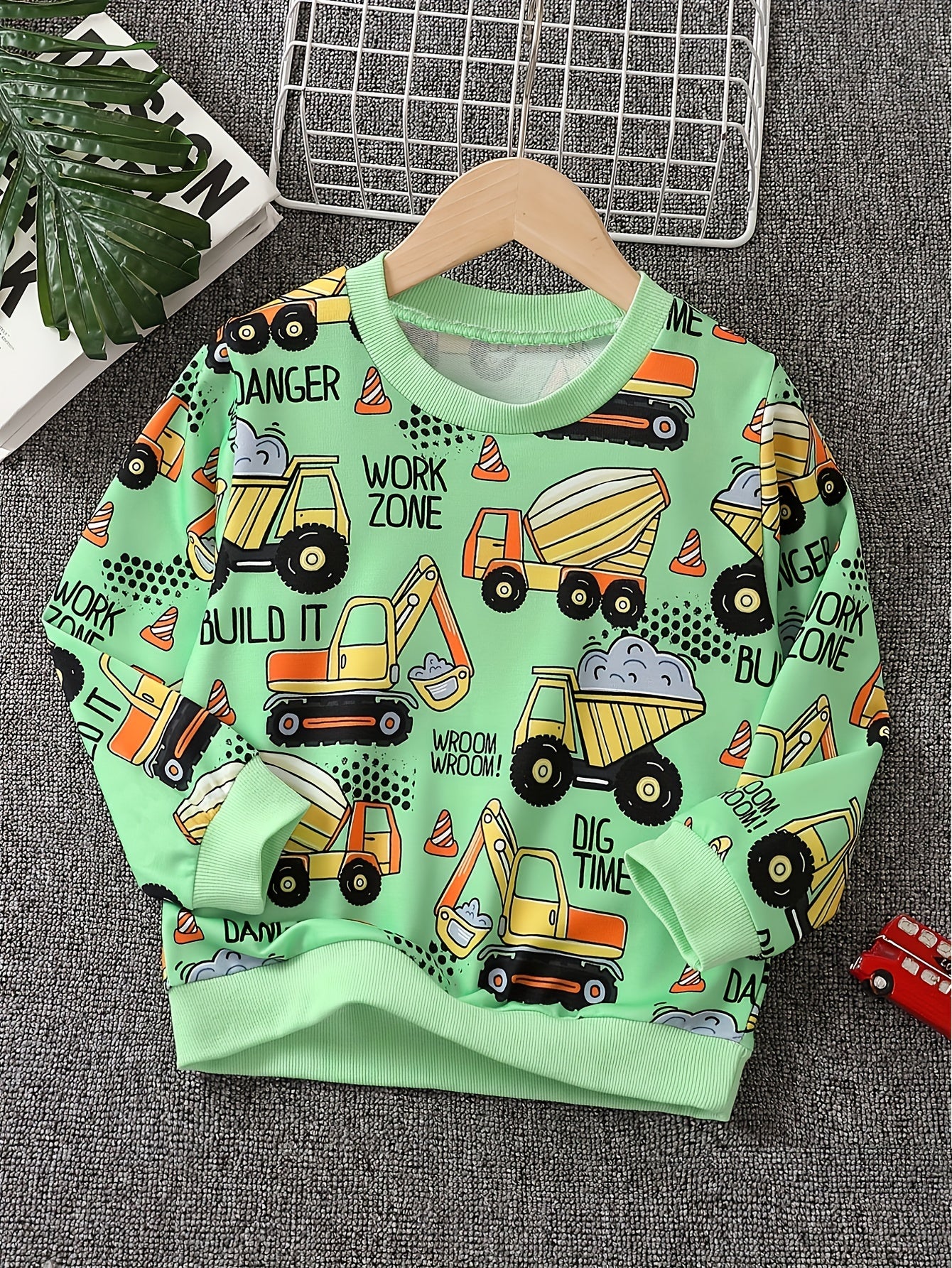 Excavator & Truck Print Sweatshirt Boy's Casual Graphic Crew Neck Pullover Sweat