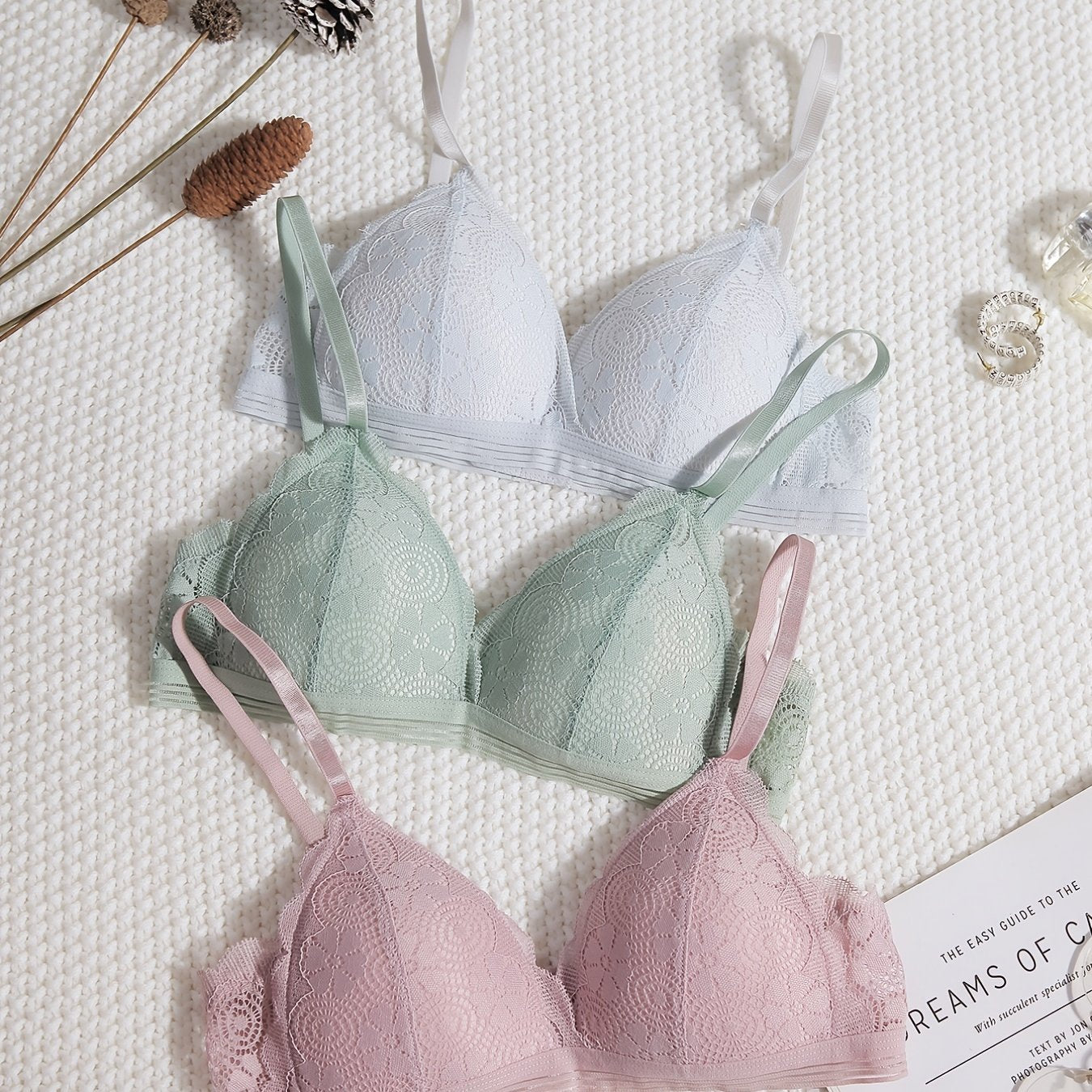 3 Pcs Floral Lace Wireless Push Up Bras Women's Lingerie