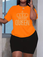 Women's Plus Rhinestone Crown & Letter Short Sleeve Tee & Shorts 2pcs Set