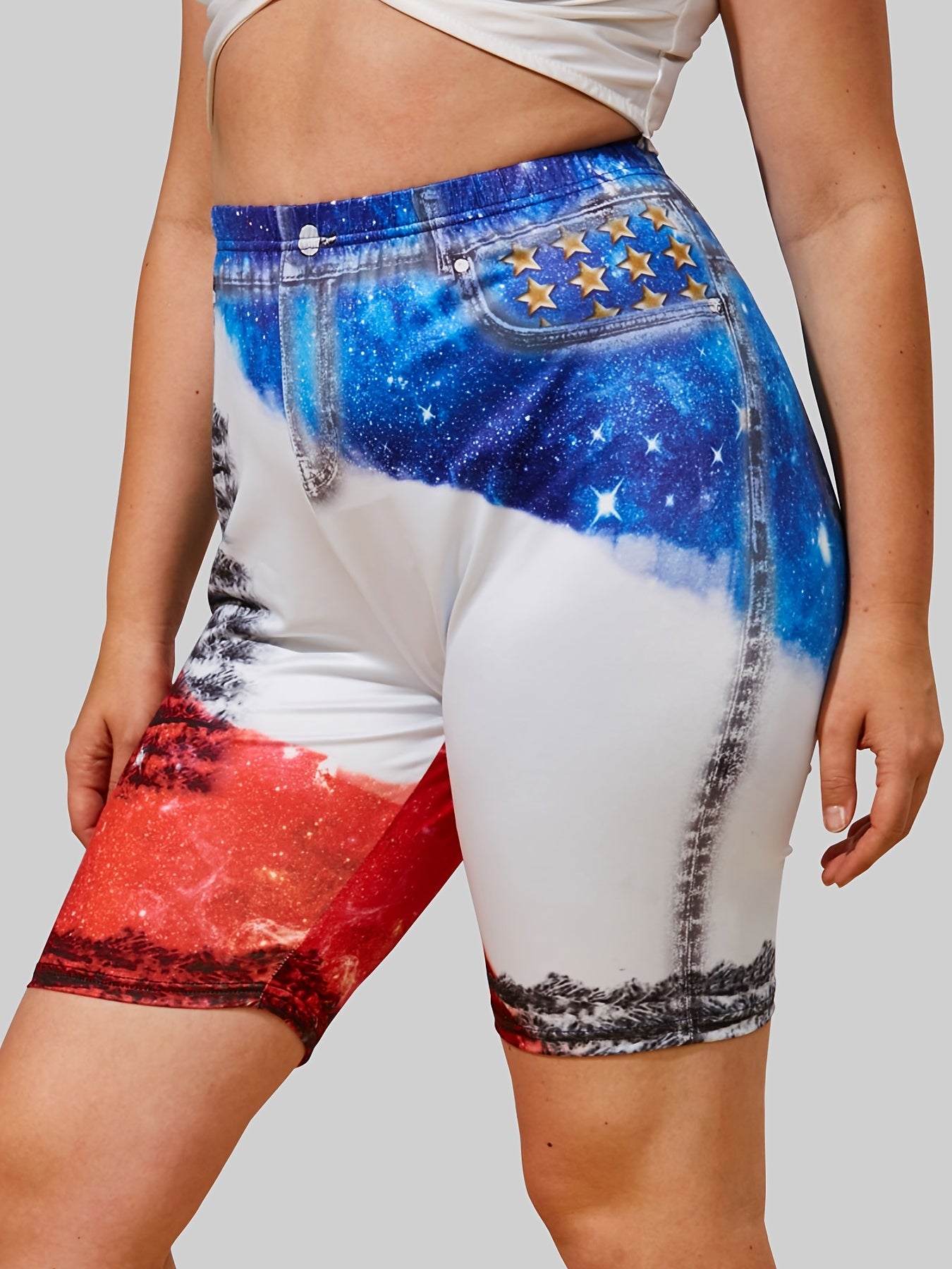 Colorblock Galaxy Print High Rise Short Leggings