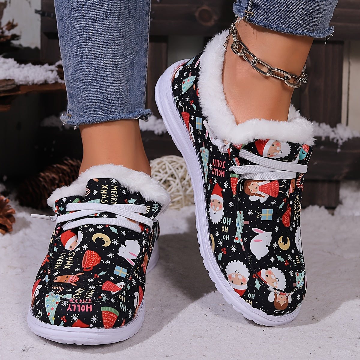 Christmas Style Snow Boots Santa Bunny Moon Pattern Plush Comfort Flats