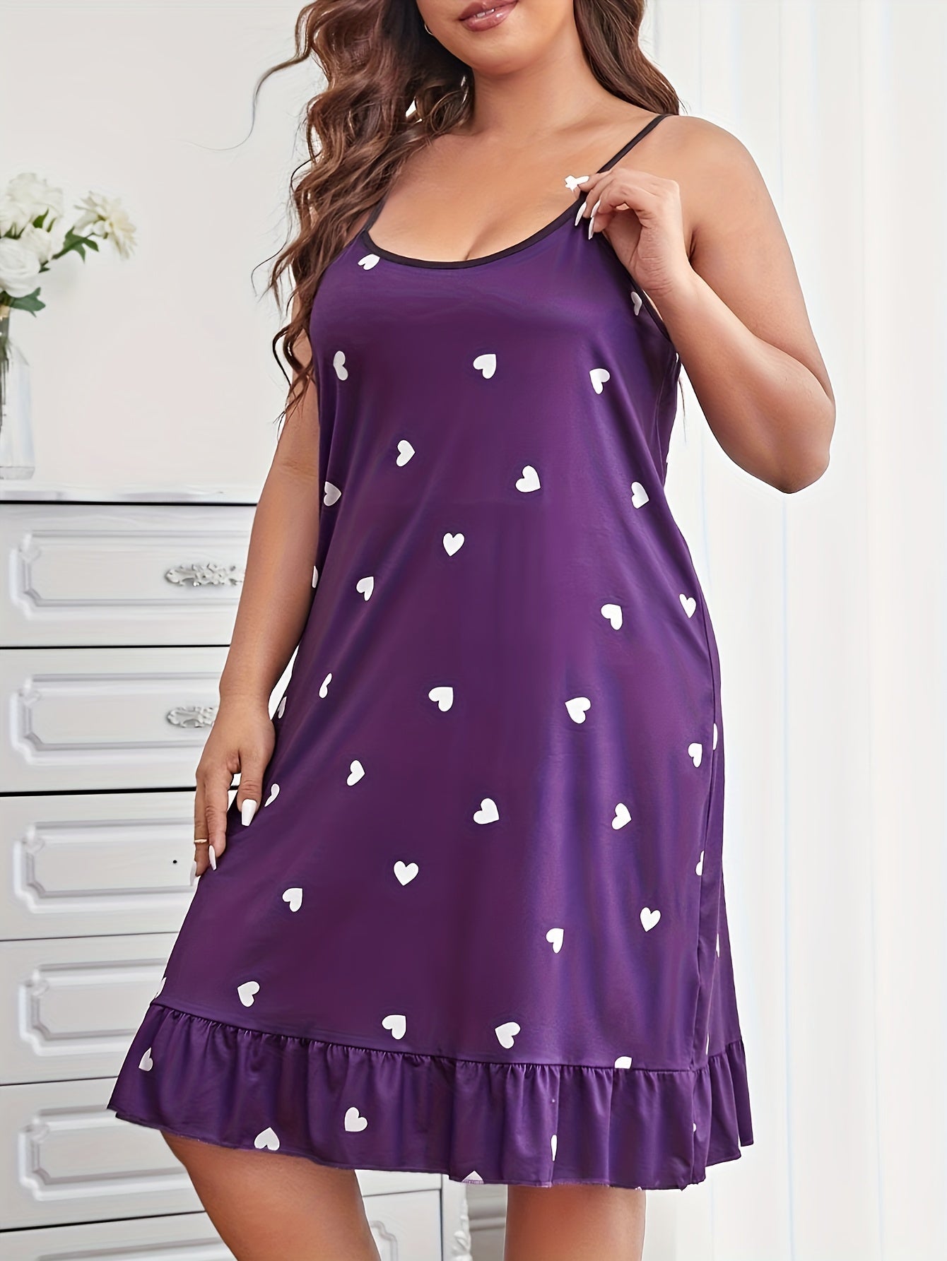 Heart Print Ruffle Trim Cami Sleep Dress