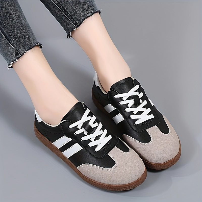 Women's Round Toe Stripe Board Shoes Sporty Flats Soft Sole Low Top