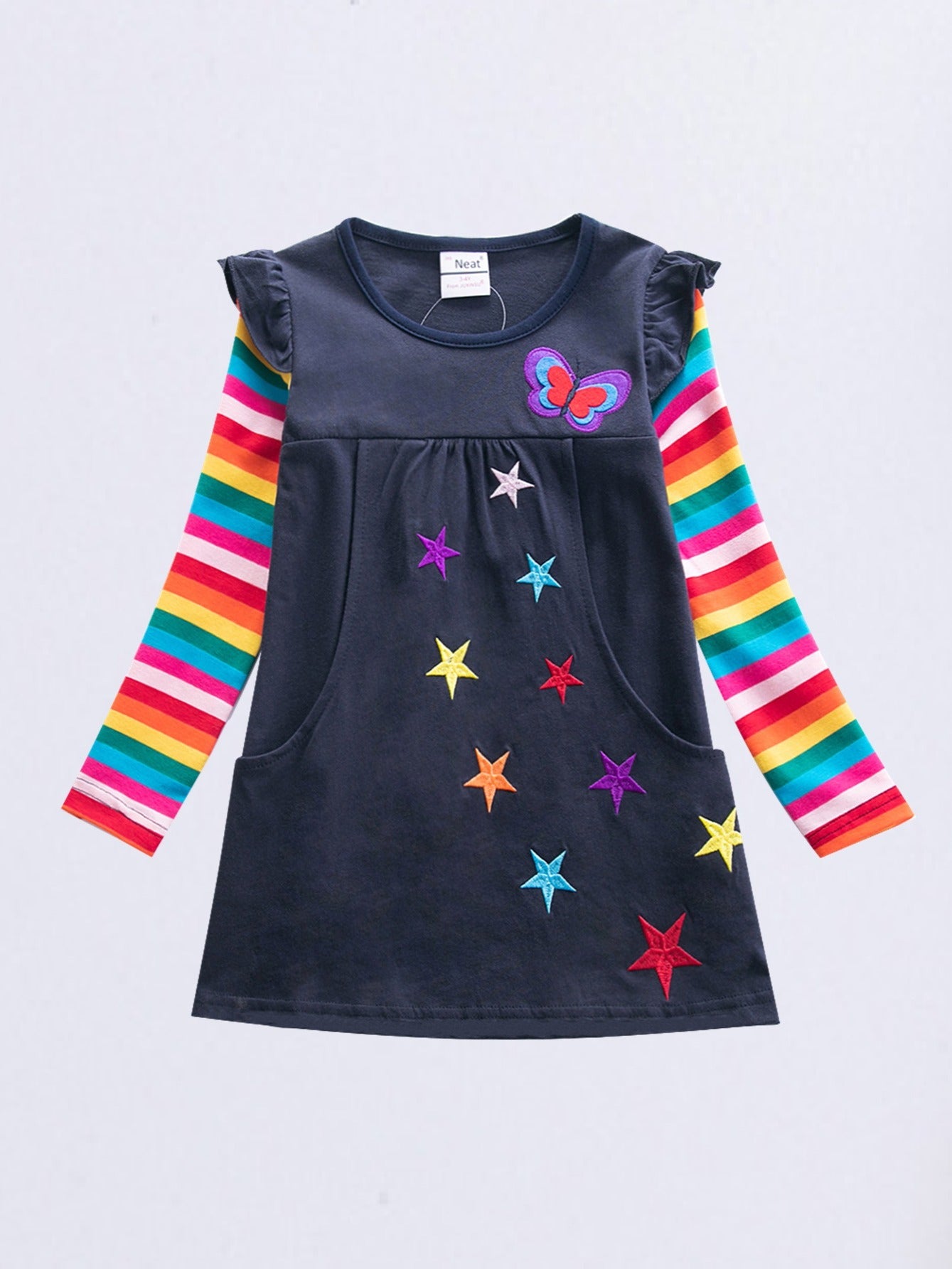 Long Sleeve Star Butterfly Embroidered Rainbow Sleeve Dress