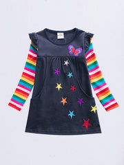 Long Sleeve Star Butterfly Embroidered Rainbow Sleeve Dress